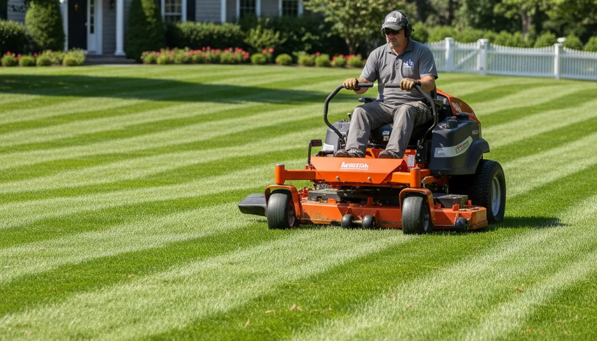 Professional landscaper mowing striped lawn with commercial mower in Boston, MA