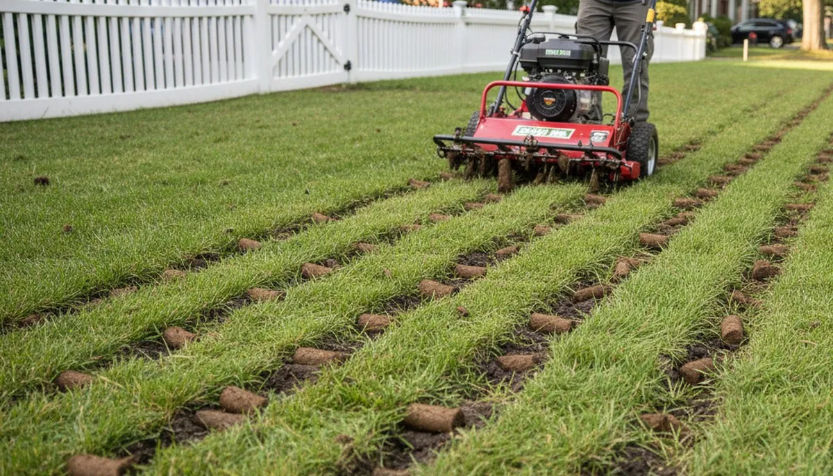 Core aeration machine treating residential lawn in Boston MA with soil plugs visible during lawn care service