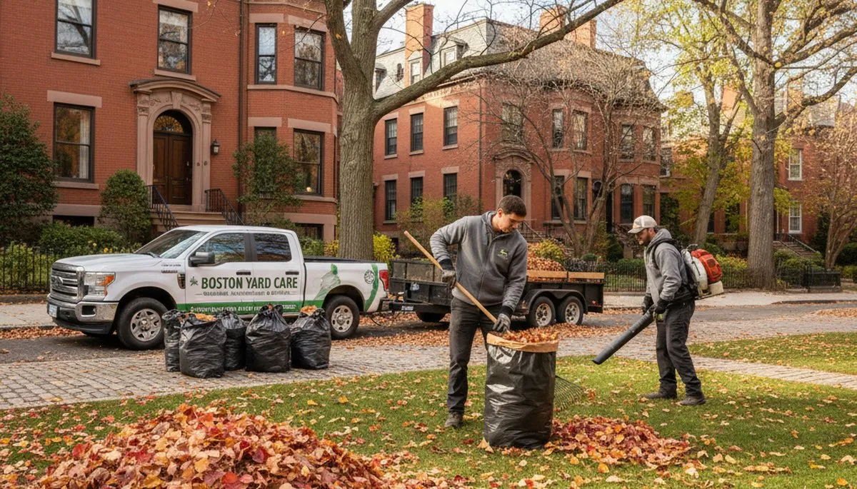 Technicians performing fall leaf removal and yard clean up at a Boston, MA residential property