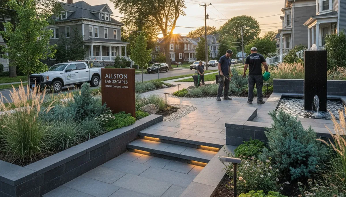 Boston MA landscaping team installing professional hardscape and garden maintenance services