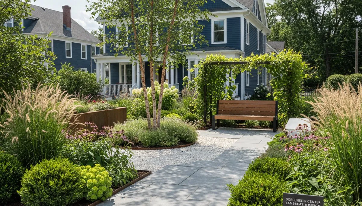 Boston landscaping pros maintaining a residential yard in Boston, MA