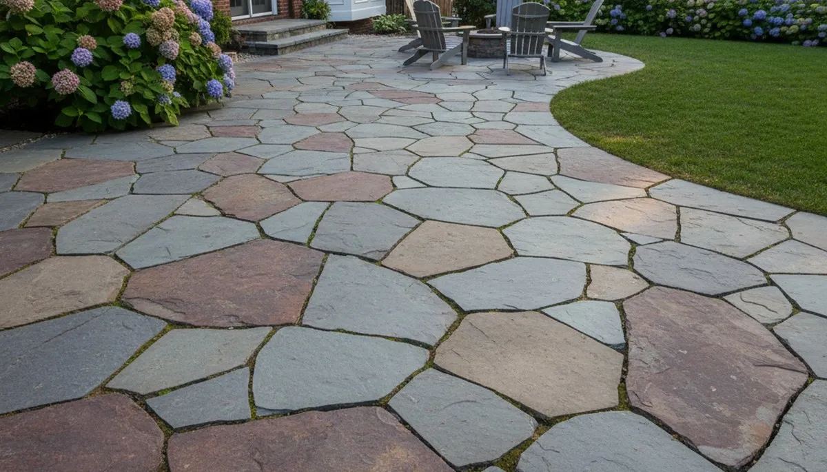 Natural slate flagstone patio installation with irregular pavers by Boston landscaping experts, Boston MA