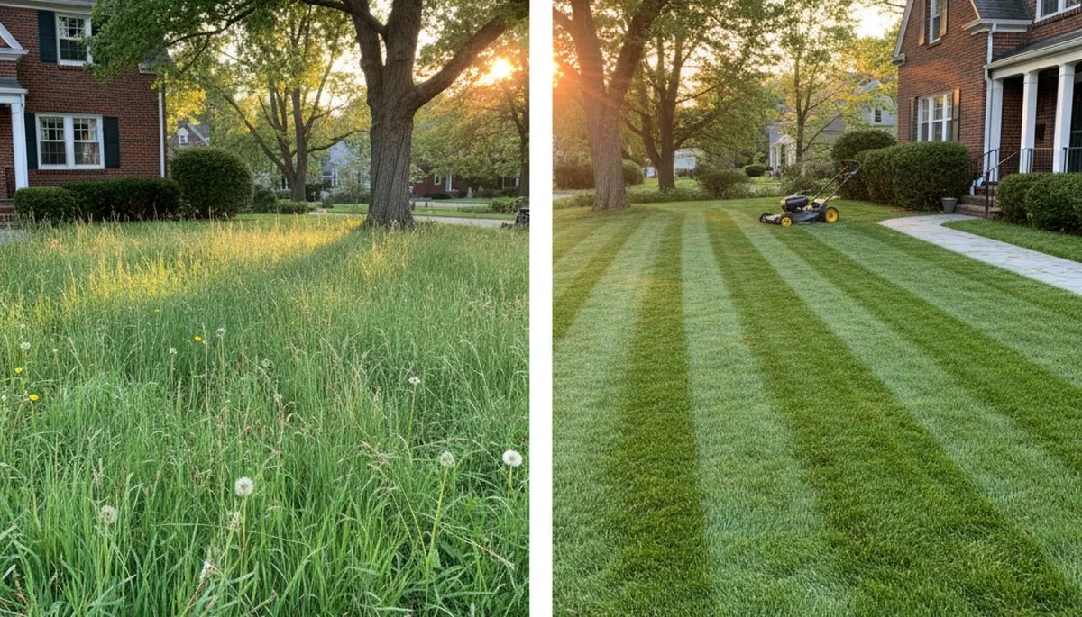 Before and after lawn mowing transformation at a Boston, MA home by Chop Chop Landscaping