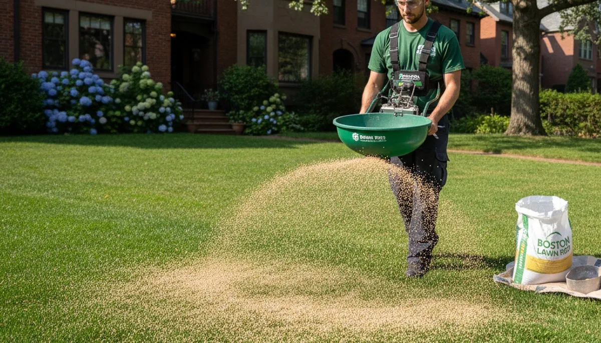 Lawn care technician spreading fertilizer on green residential lawn in Boston, MA for Chop Chop Landscaping