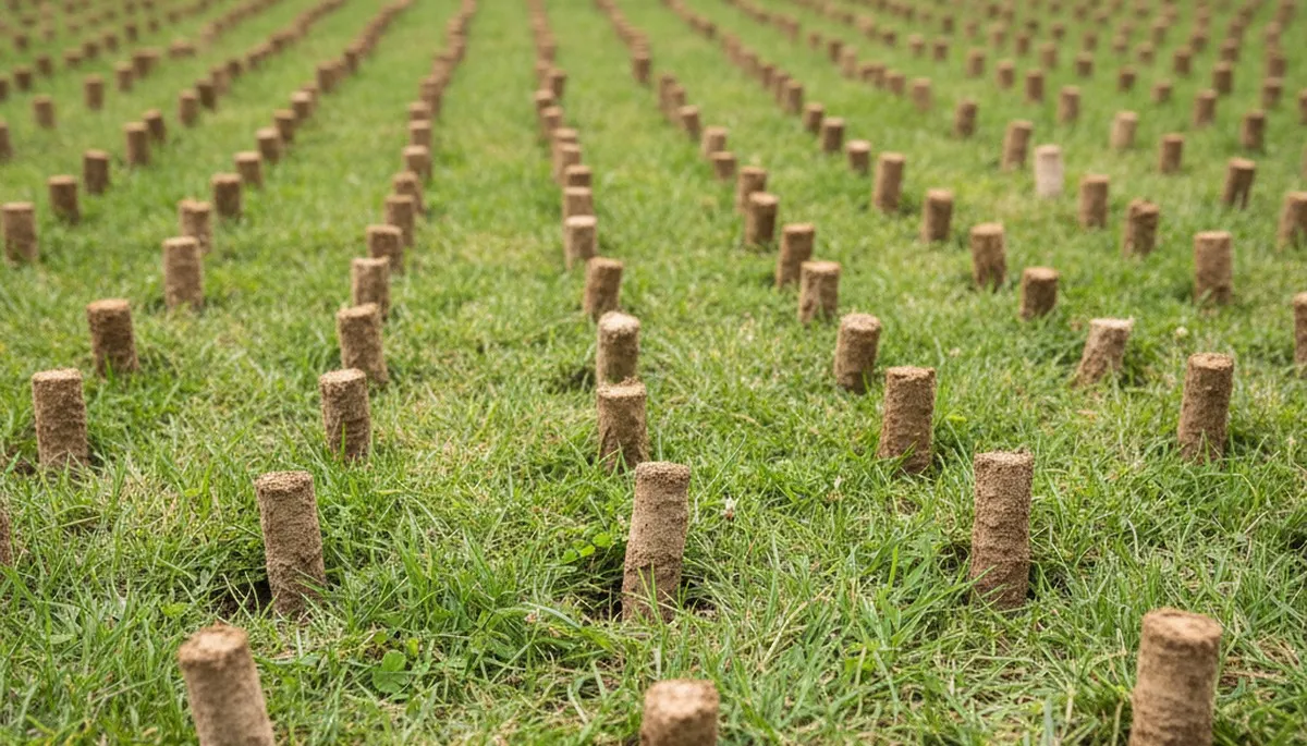 Close-up of soil core plugs from professional lawn aeration service in Boston, MA landscaping