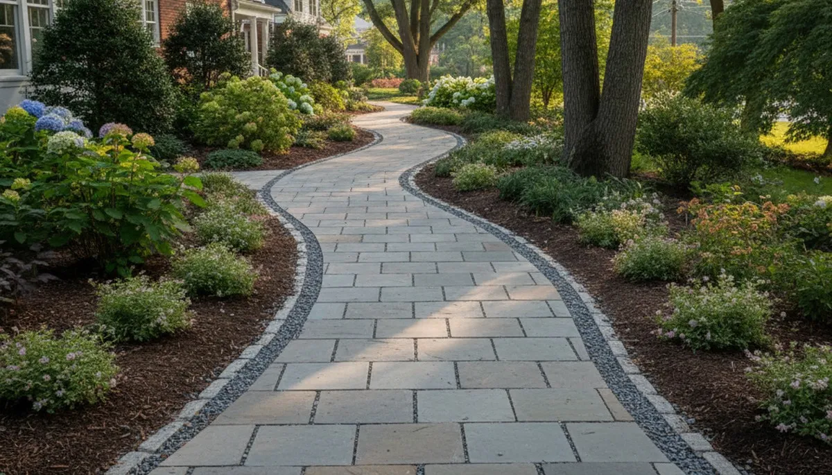 Professional stone paver pathway installation in Boston, MA residential landscape by Chop Chop Landscaping